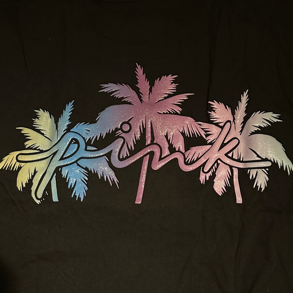 NWT PINK Victoria's Secret Women’s Tee - Black with Pastel Palm Design